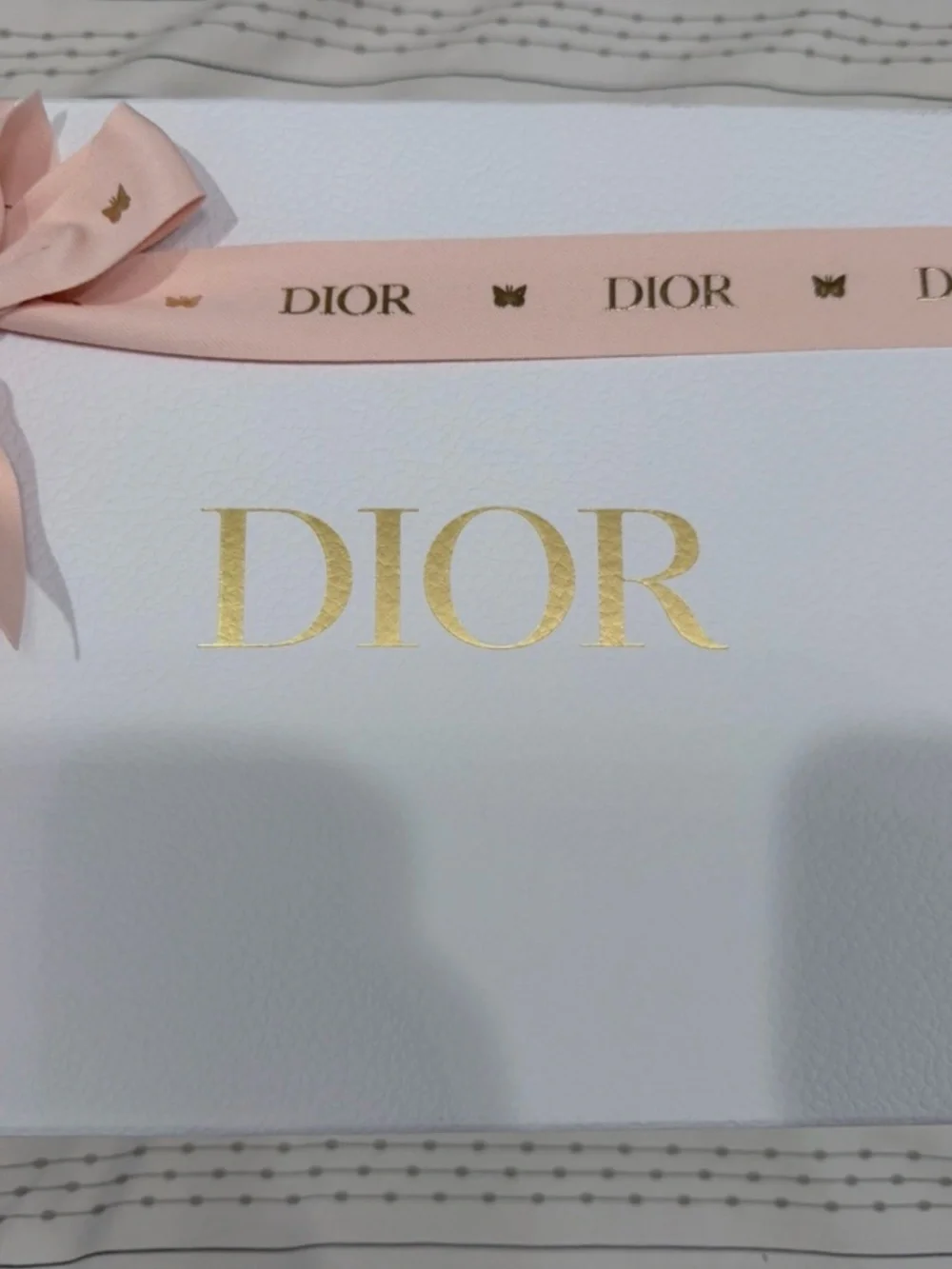 Large Dior Storage Empty Gift Box w. Tissue Peach Ribbon Bag 12.5 x 9 x 5 in NEW